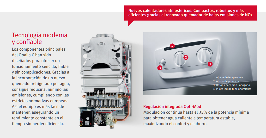 Gracias a la Regulación integrada Opti-Mod, el calentador realiza una modulación continua hasta el 35% de la potencia mínima, ofreciendo una temperatura estable y mayor confort, incluso con pequeñas demandas de agua. Seguridad y fiabilidad garantizadas Incluye sistemas de protección por falta de tiro y sobrecalentamiento, garantizando un uso seguro. Además, cuenta con la garantía y respaldo del Servicio Técnico Oficial Saunier Duval con cobertura nacional.